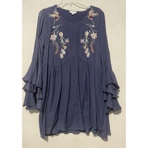 UMGEE Blue  Embroidered  Boho Bell Sleeve Crew Neck Women's Size M Shift Dress